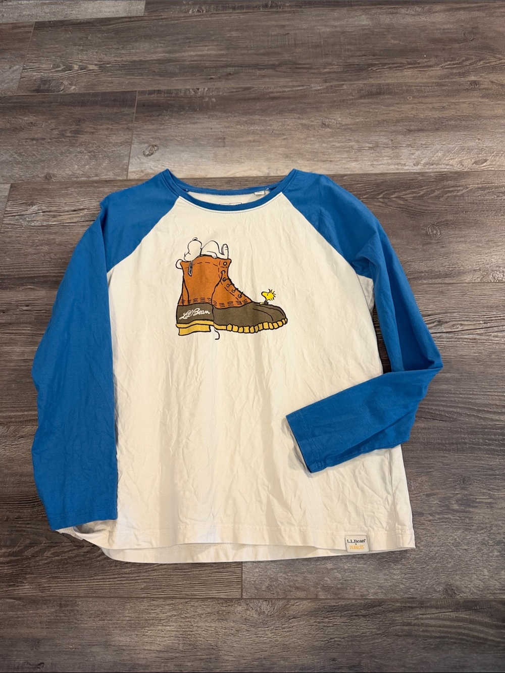 L.L. Bean White Raglan Long-Sleeve Shirt with Blue Sleeves and Boot Graphic